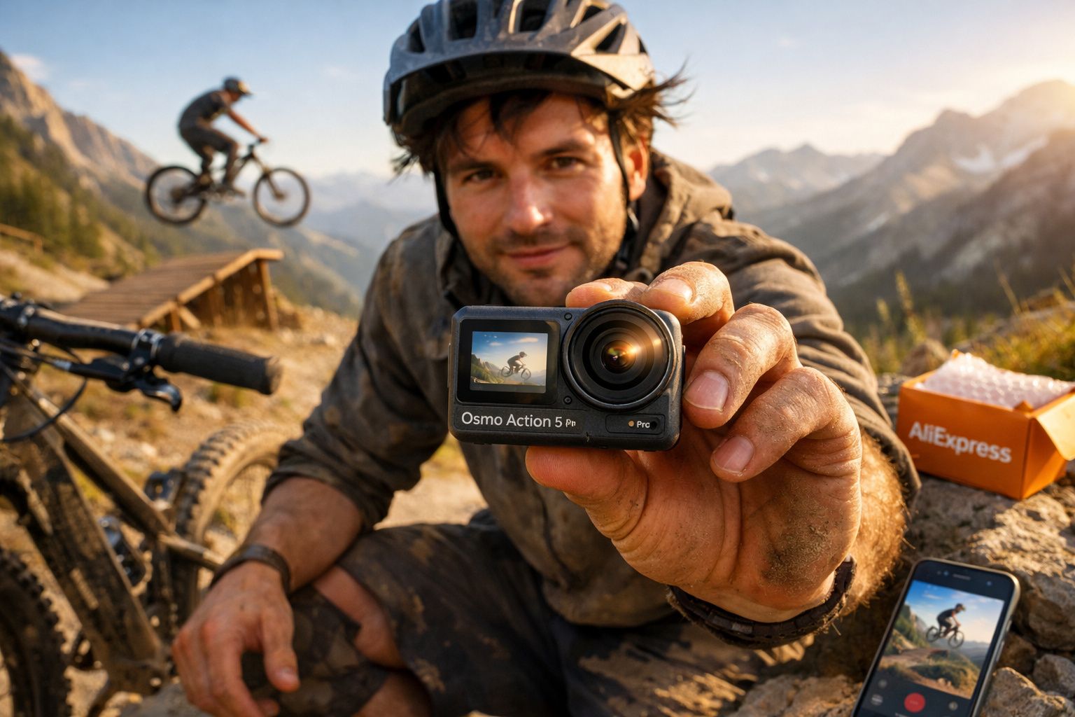 Homem de capacete segura câmara de ação com ciclista a saltar em fundo de montanha.