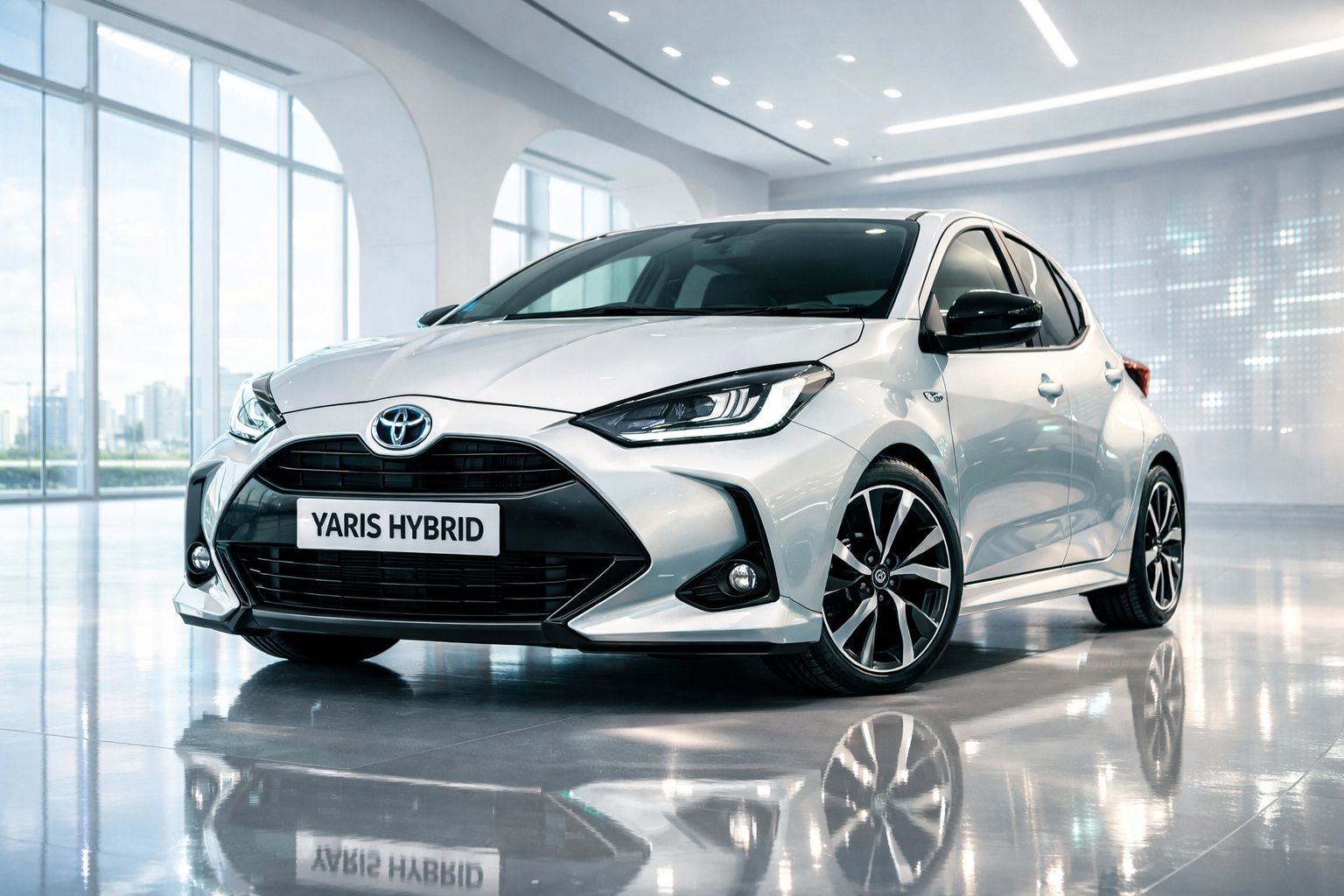 Toyota Yaris Hybrid prata estacionado em espaço interior moderno com grande iluminação natural.