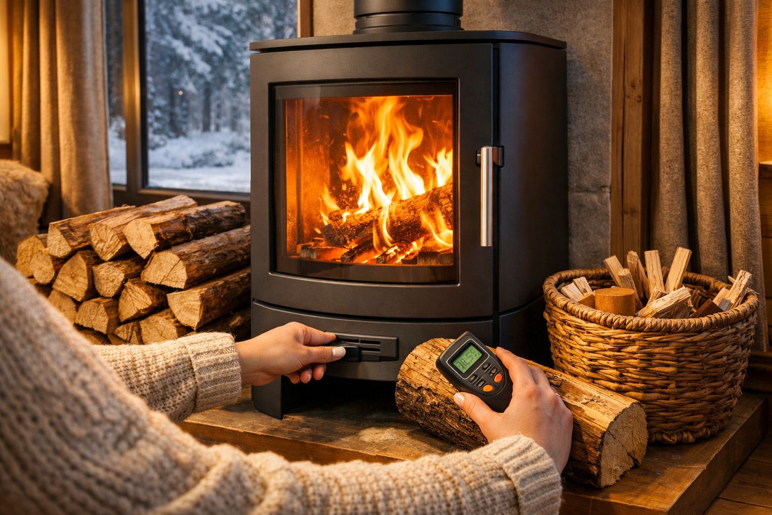 Pessoa a ajustar fogão a lenha aceso numa sala aconchegante com lenha e janela para paisagem nevada.