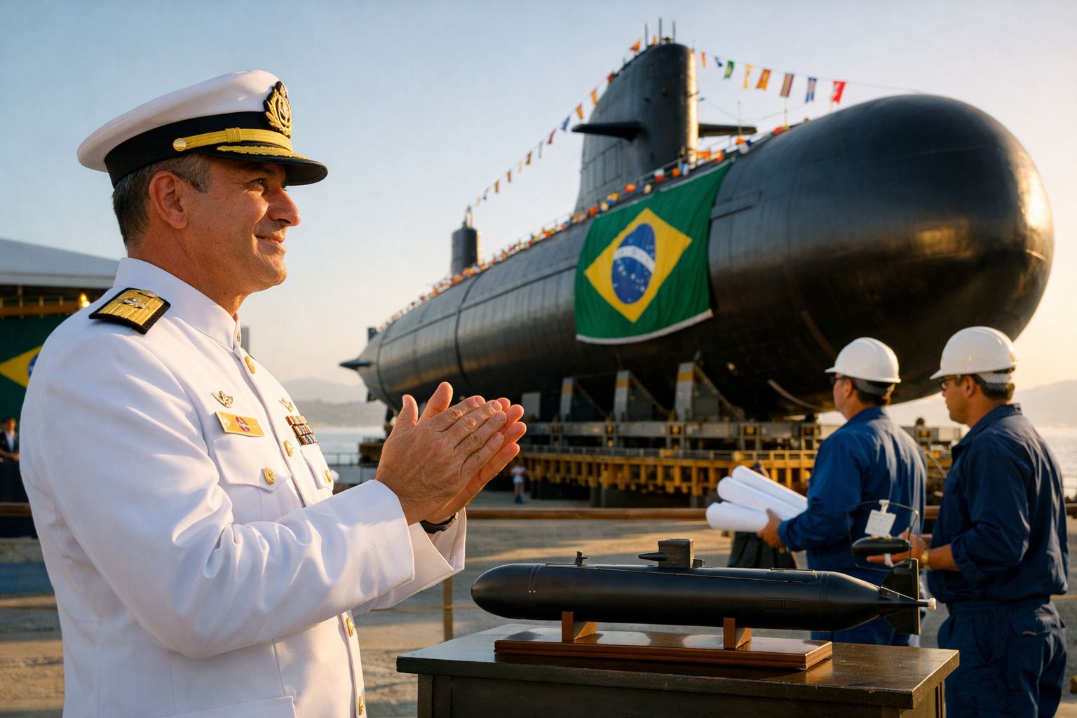 Oficial da marinha brasileira a aplaudir com submarino e modelo em exposição no porto ao fundo.
