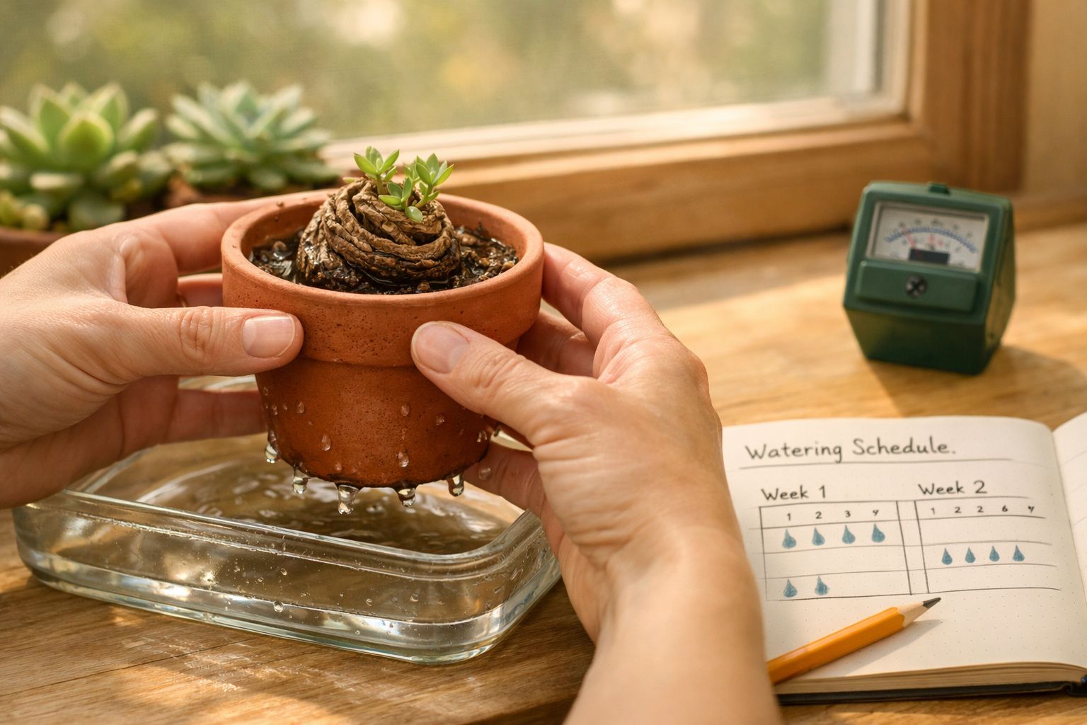 Mãos a regar planta em vaso de barro, com rega excessiva, perto de um plano de rega escrito à mão.