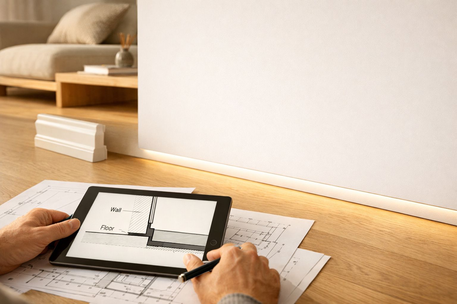 Pessoa a analisar planta arquitetónica em tablet e papel numa mesa de madeira clara com iluminação alongada na parede.