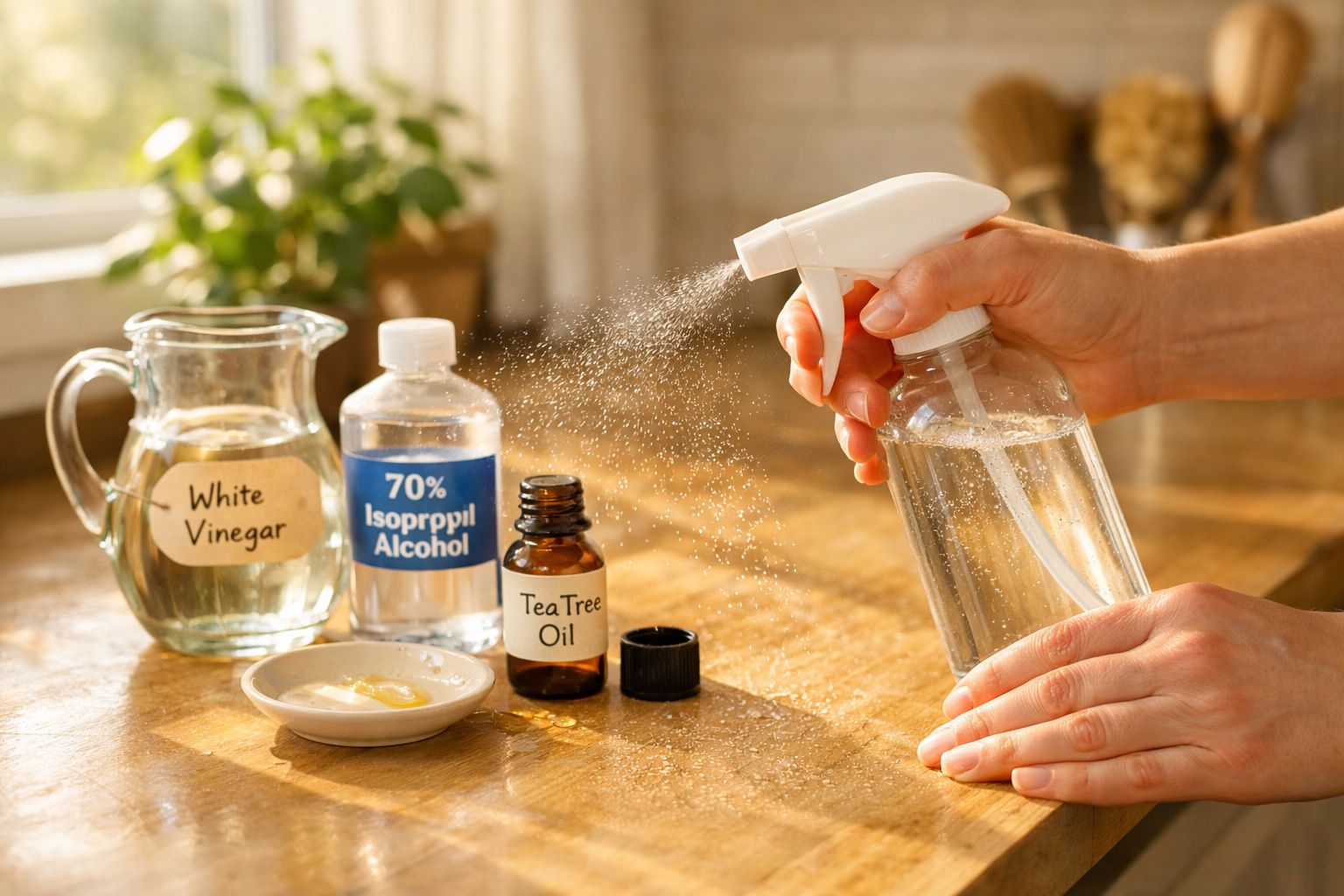 Mãos a pulverizar mistura em frasco spray, com vinagre, álcool isopropílico e óleo de tea tree na mesa.