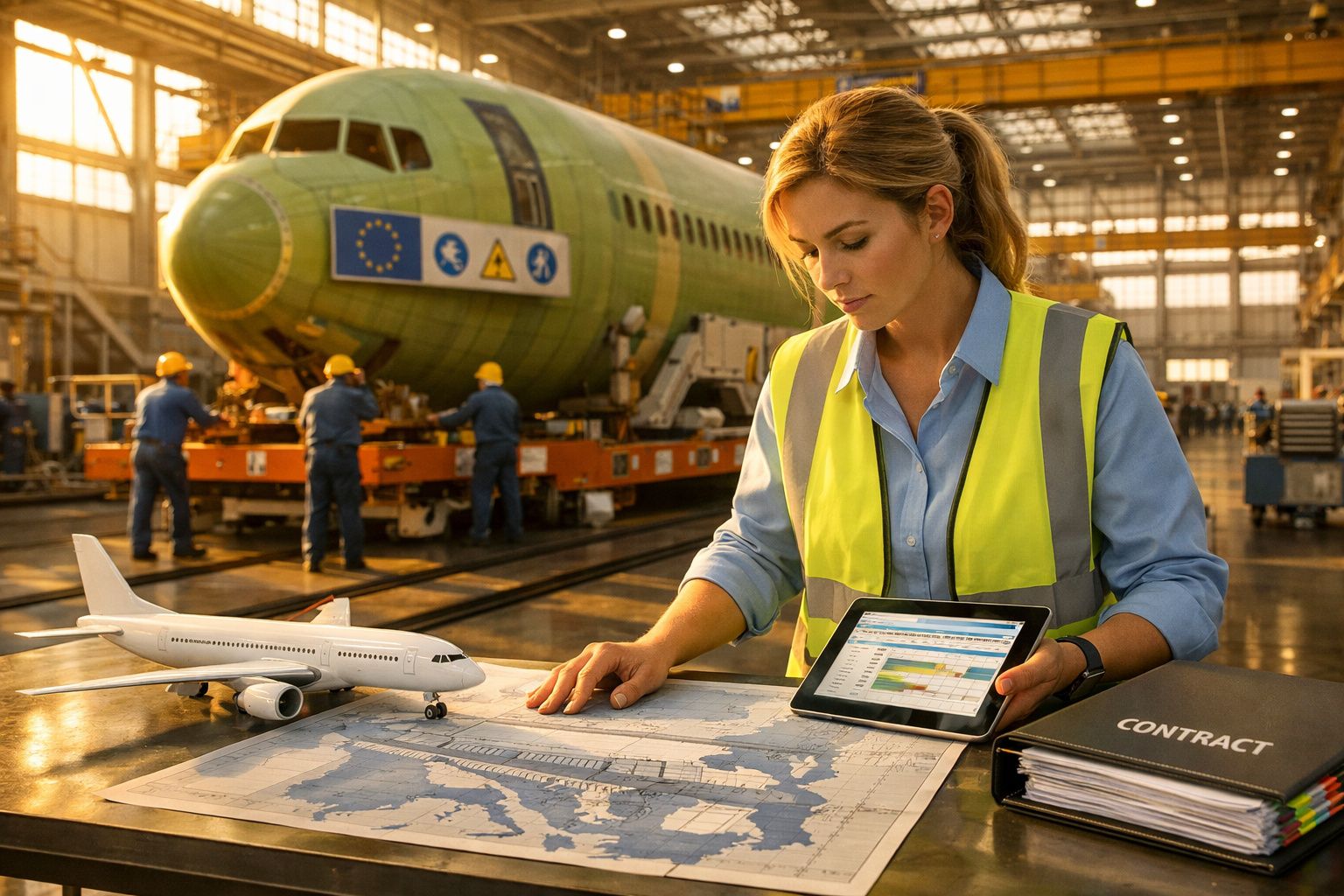 Engenheira com colete refletor analisa planta e tablet numa fábrica de aviões com modelo de avião à frente.