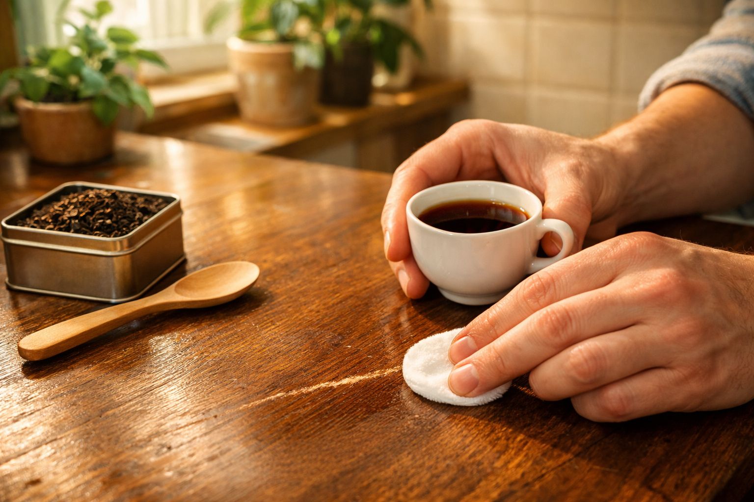 Pessoa segurando chávena de café sobre descanso branco numa mesa de madeira com caixa e colher de chá.