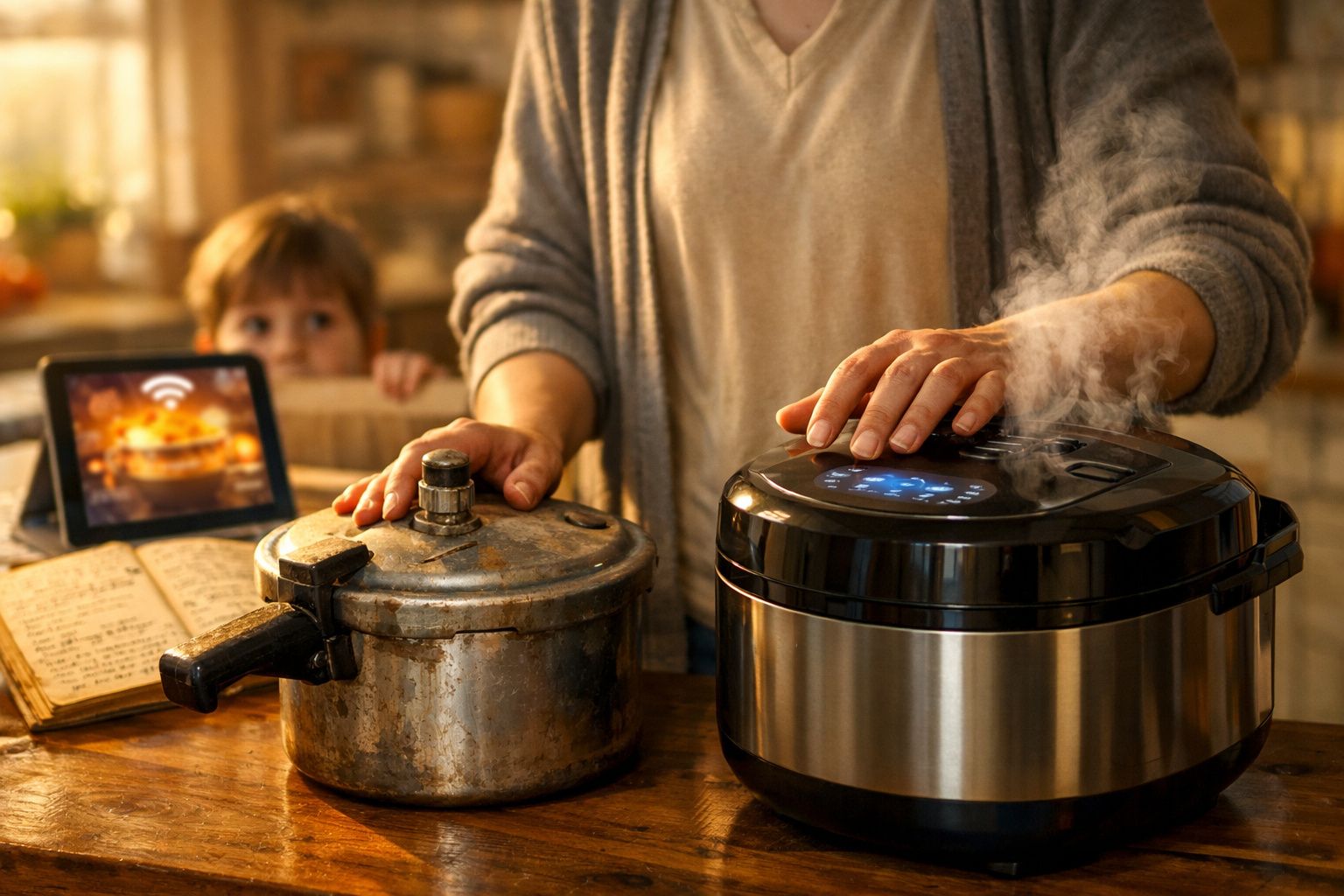 Pessoa compara panela de pressão antiga com panela elétrica moderna numa cozinha com criança ao fundo.