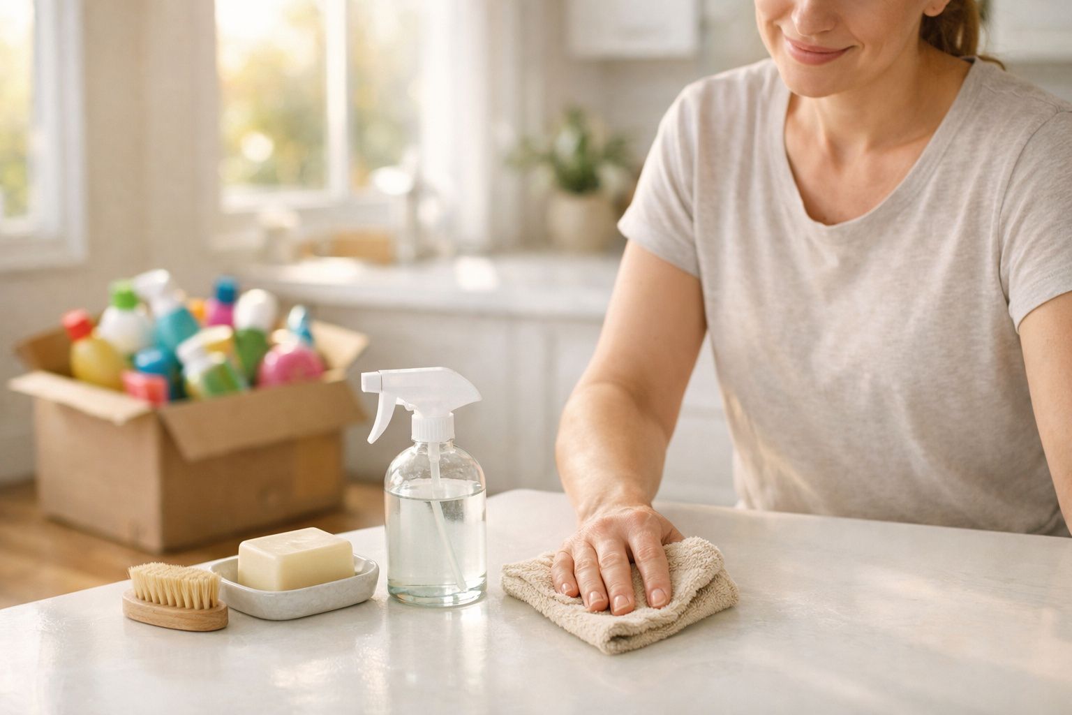 Pessoa a limpar uma superfície com um pano, com produtos de limpeza numa caixa ao fundo.