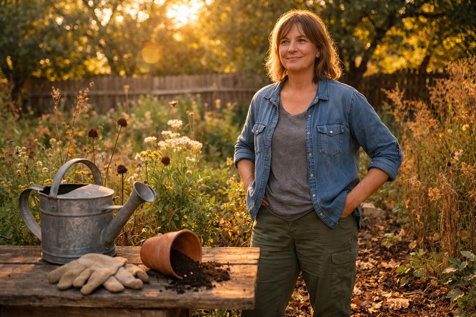 Mulher sorridente, em roupa casual, numa quinta ao entardecer com regador, luvas e vaso com terra virada.