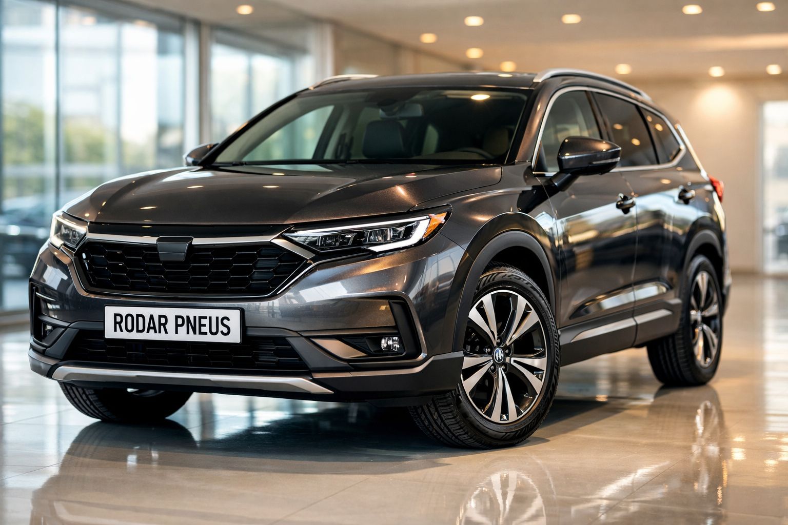 Veículo SUV cinza escuro numa sala bem iluminada, com matrícula personalizada a dizer Rodar Pneus.