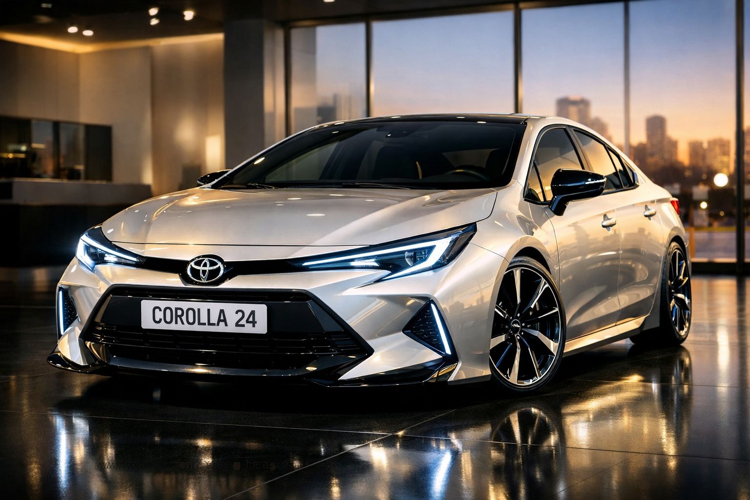 Carro Toyota Corolla 2024 branco com design moderno e faróis LED em ambiente urbano ao pôr do sol.