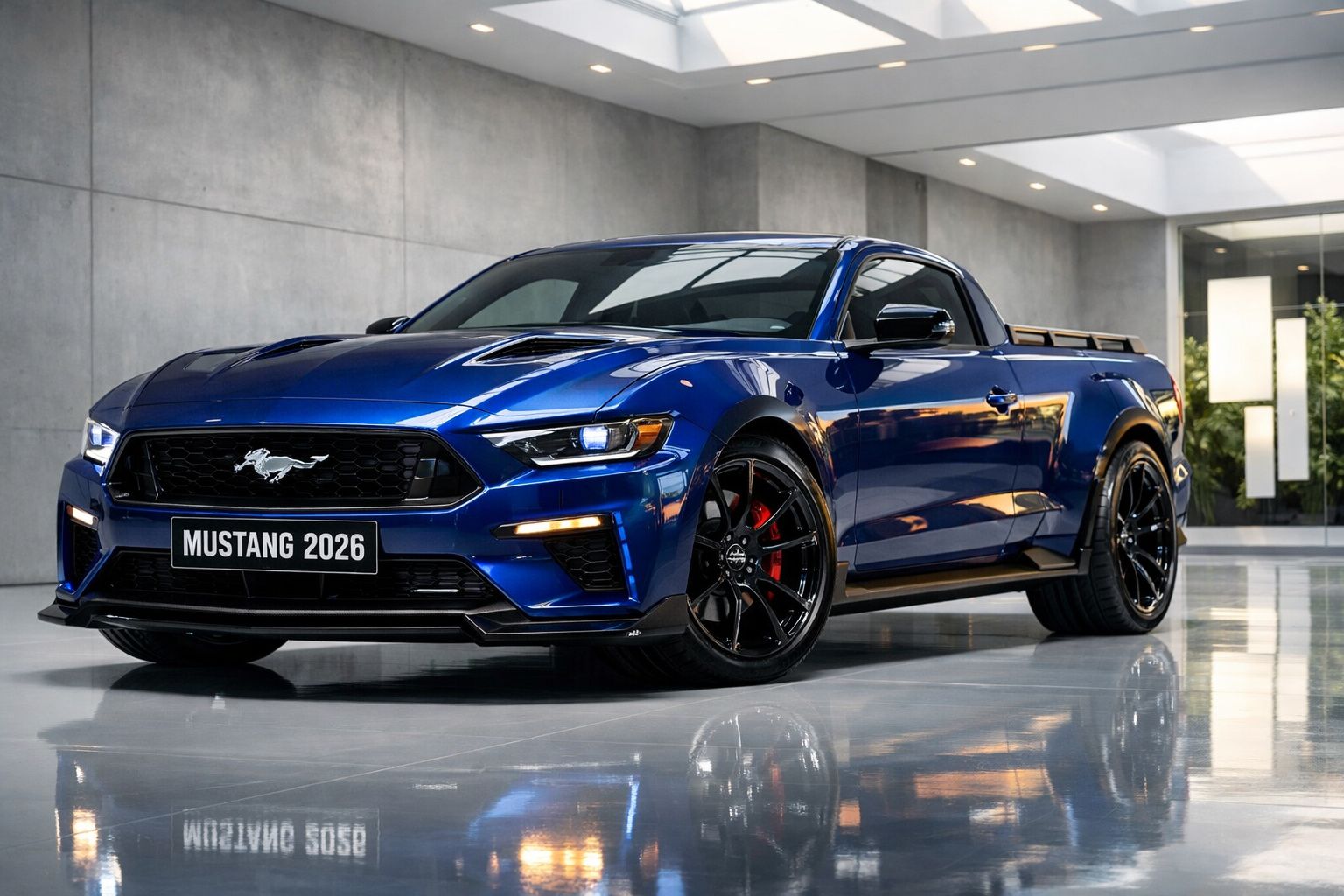 Carro desportivo Mustang azul 2026 estacionado em chão brilhante num interior moderno.