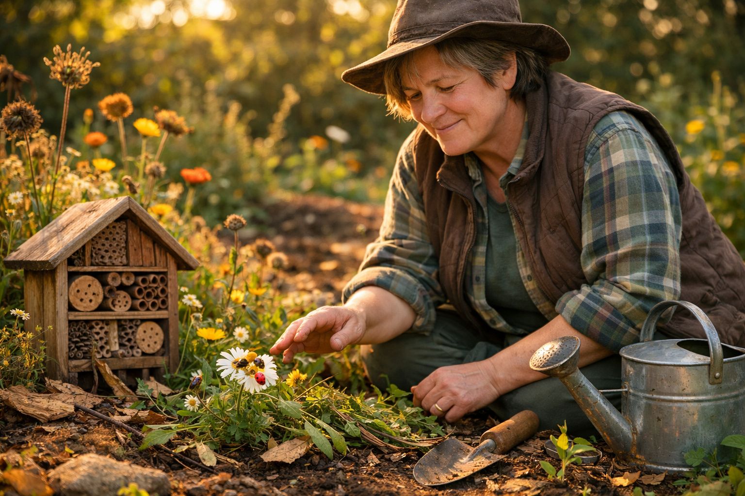 Mulher sorridente a cuidar das flores num jardim ao pôr do sol, com regador e casa de insetos ao lado.
