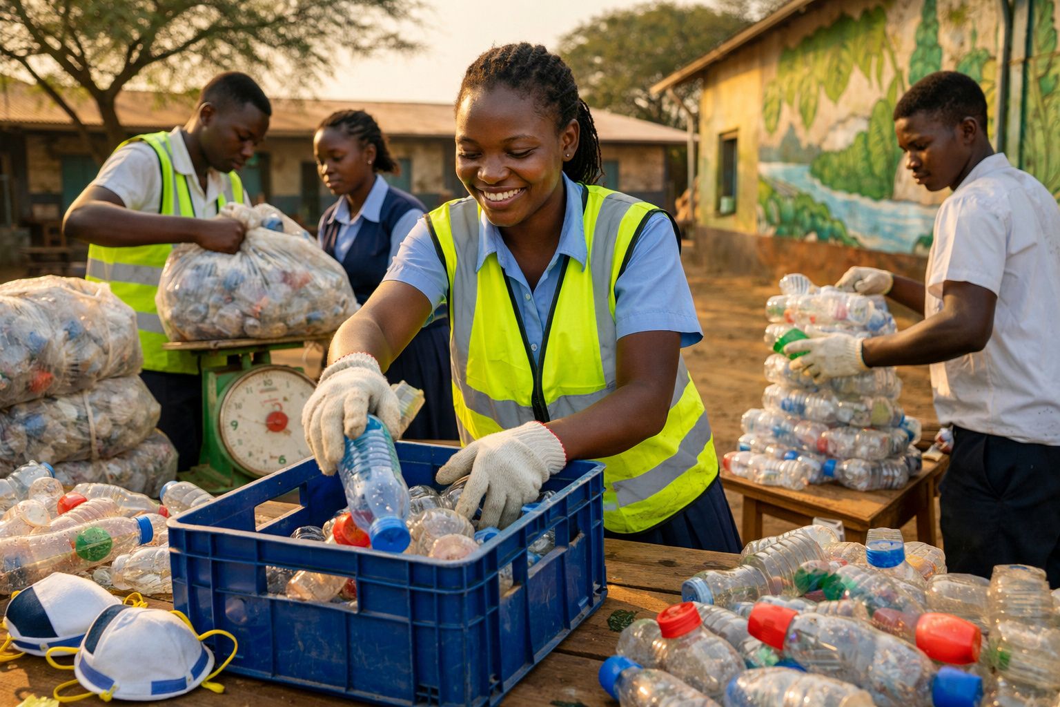 Jovens organizam garrafas plásticas para reciclagem ao ar livre, usando coletes refletores e luvas.
