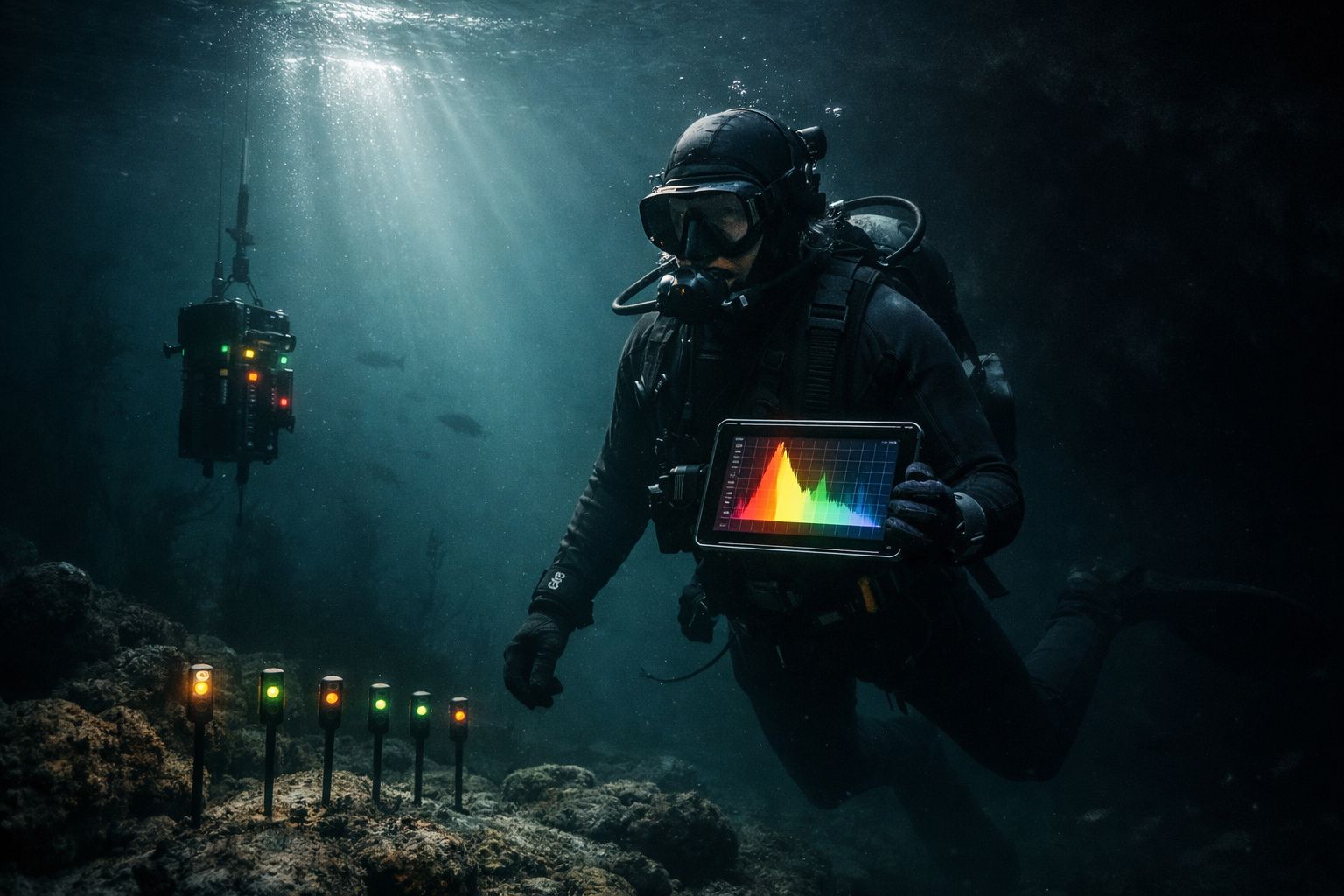 Mergulhador a usar equipamento de mergulho e tablet com gráficos, junto a sensores no fundo do mar.