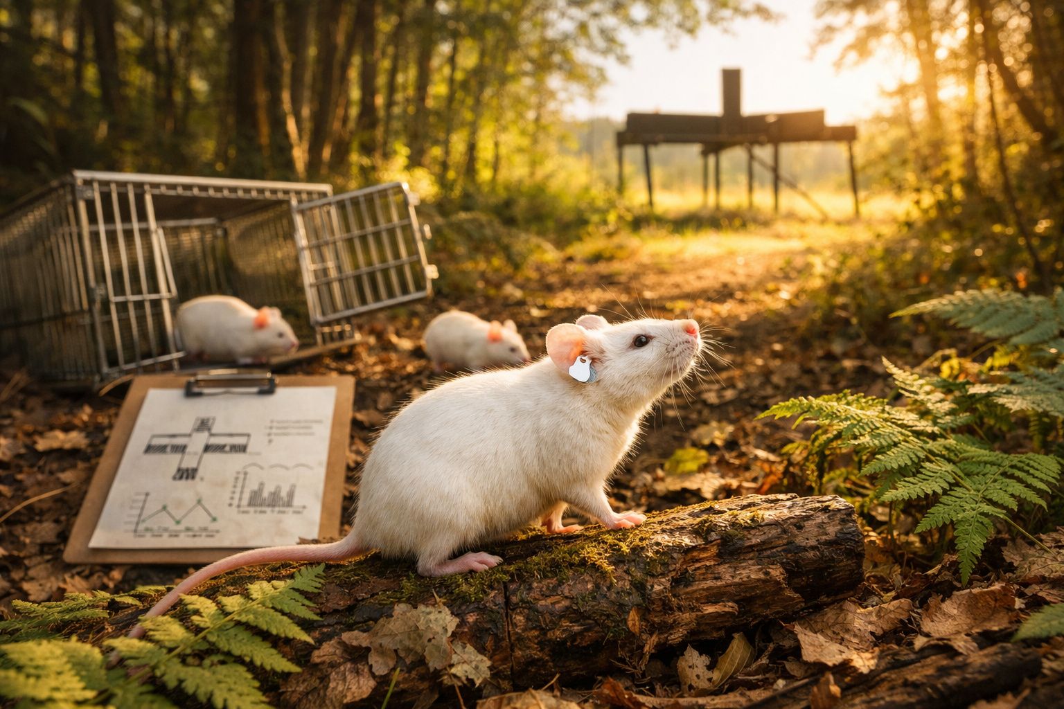 Ratos brancos com etiquetas no ambiente natural, com armadilhas e prancheta com gráficos ao fundo.