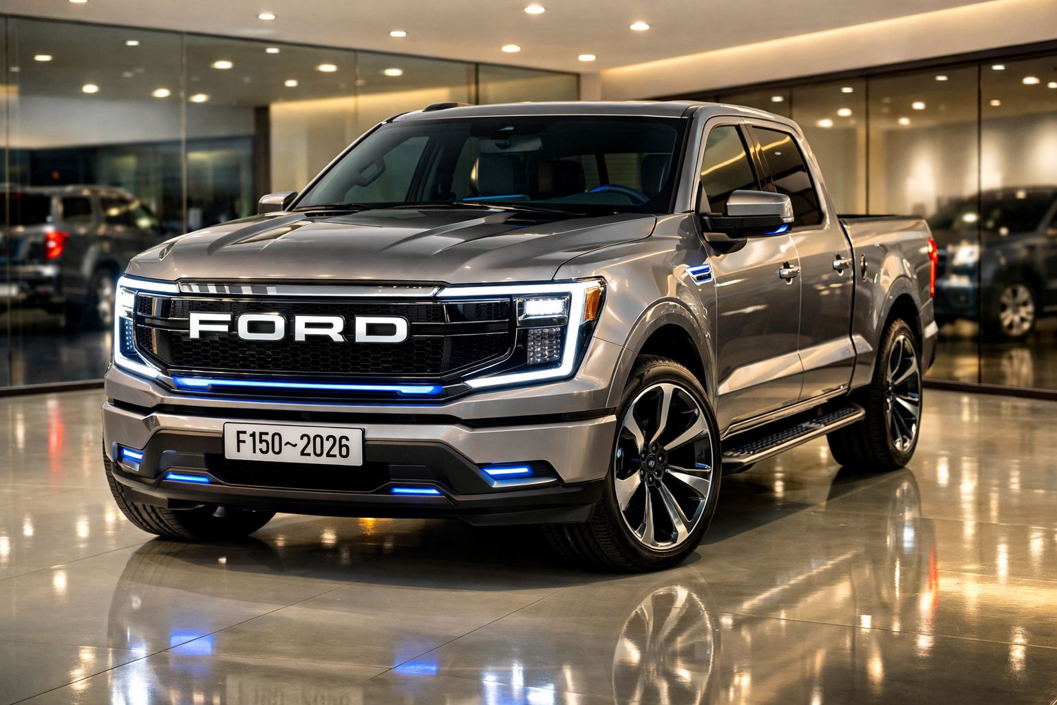 Carrinha Ford F-150 2026 prateada com luzes LED azuis num showroom moderno interior.