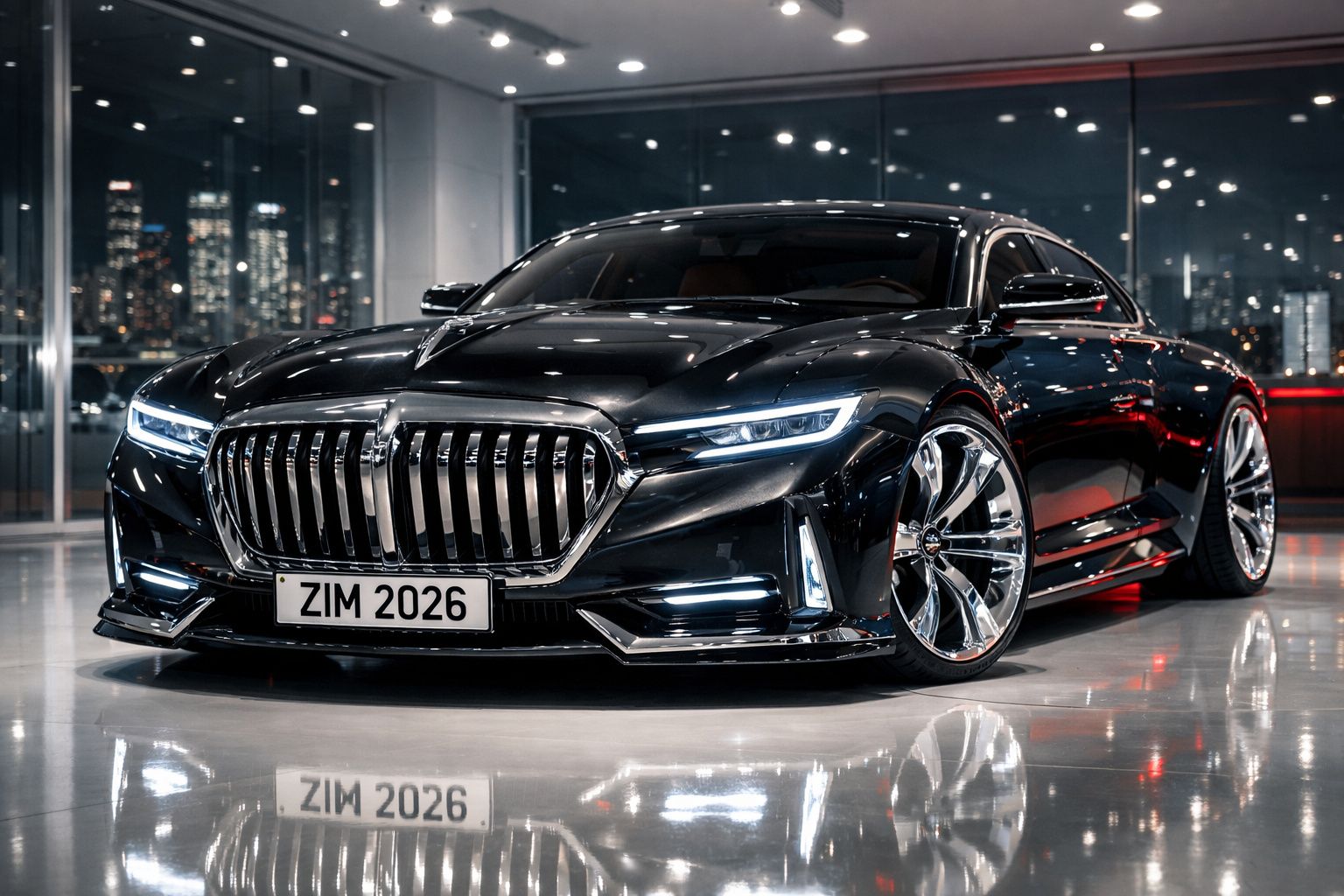 Carro desportivo preto moderno estacionado em piso polido com luzes de cidade ao fundo à noite.