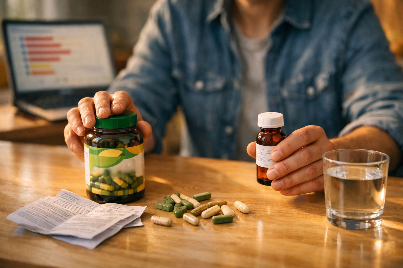 Pessoa a segurar frascos de suplementos e medicamento com cápsulas e copo de água sobre a mesa.