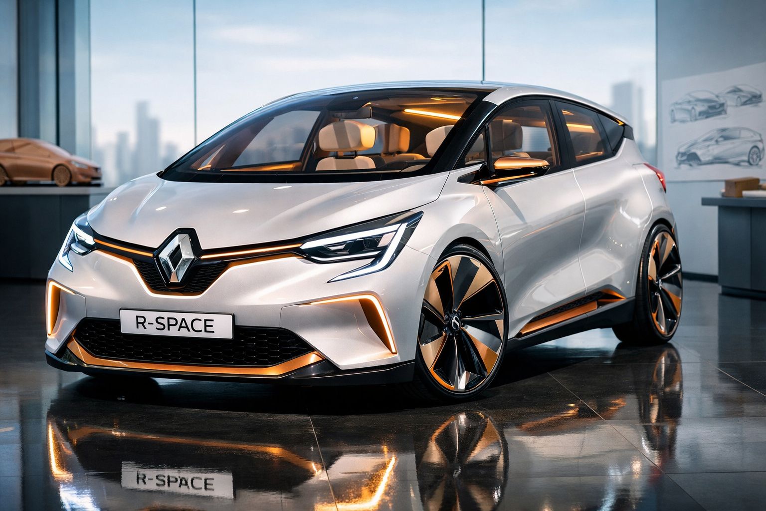 Carro elétrico Renault R-Space branco exposto em showroom moderno com detalhes em laranja e rodas aerodinâmicas.