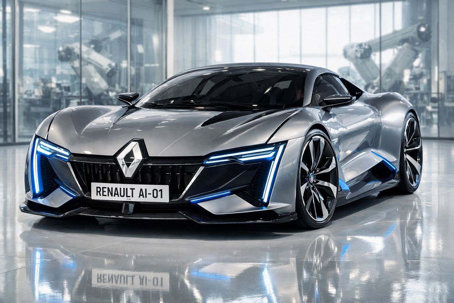 Carro desportivo futurista cinzento Renault AI-01 com luzes LED azuis num ambiente industrial moderno.