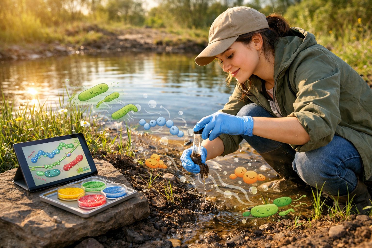 Mulher com roupa de campo analisa amostra de solo junto a lago, com gráficos de microrganismos numa tablet ao lado.