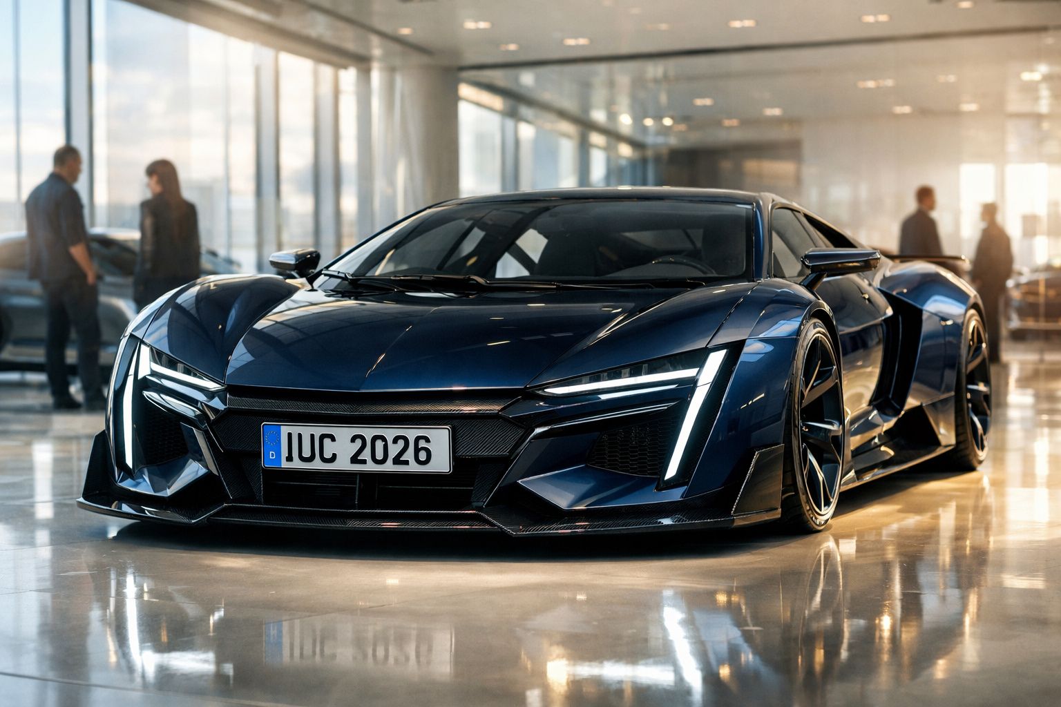 Carro desportivo azul escuro futurista com design aerodinâmico exibido em salão moderno com pessoas ao fundo.