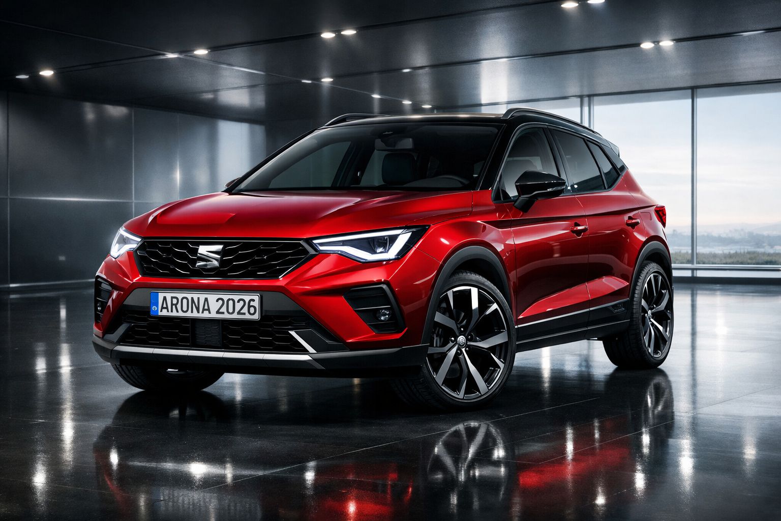 Carro SUV SEAT Arona vermelho de 2026 em espaço interior moderno e iluminado.