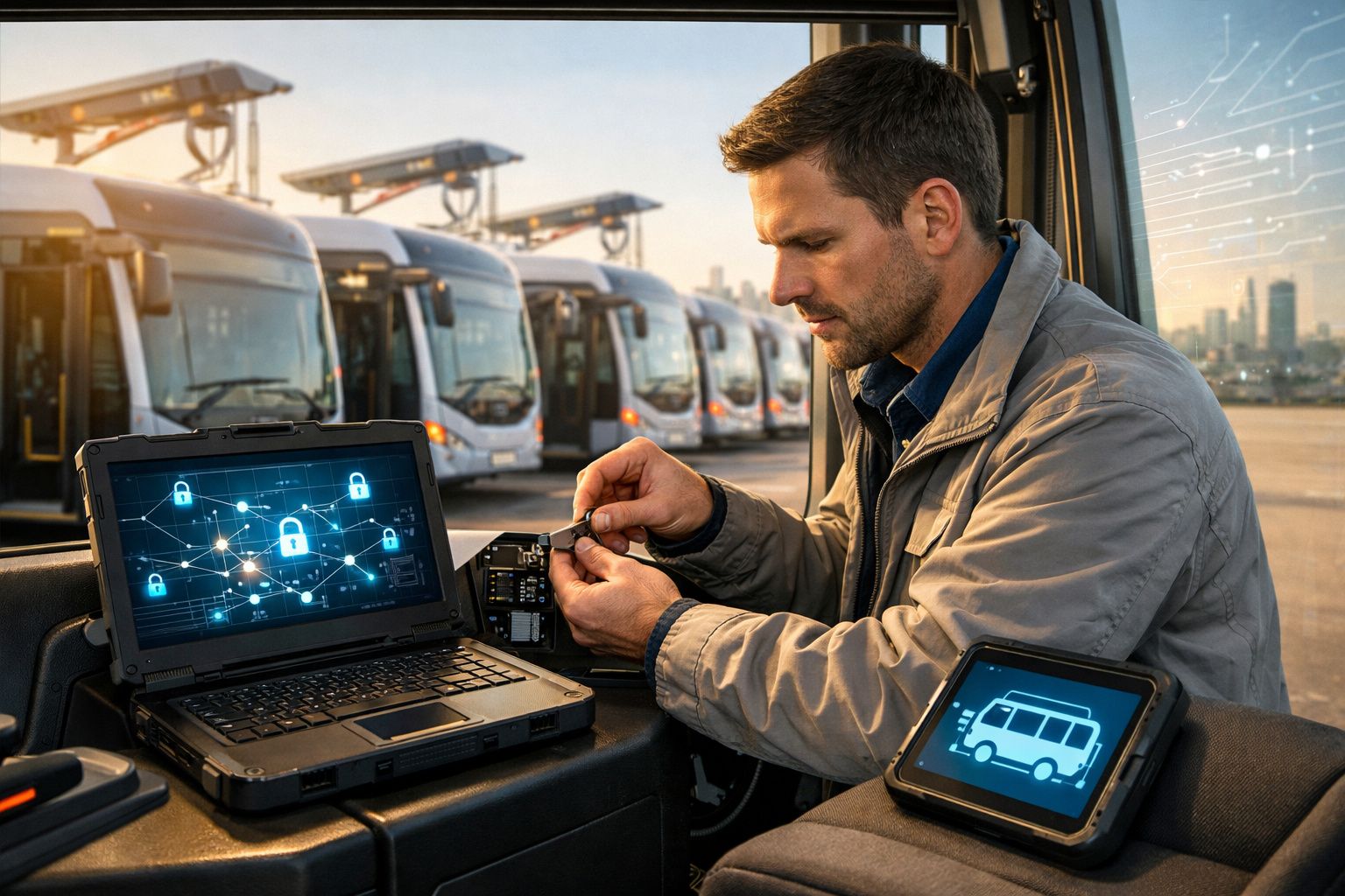 Homem a trabalhar num dispositivo tecnológico numa estação de autocarros ao pôr do sol.