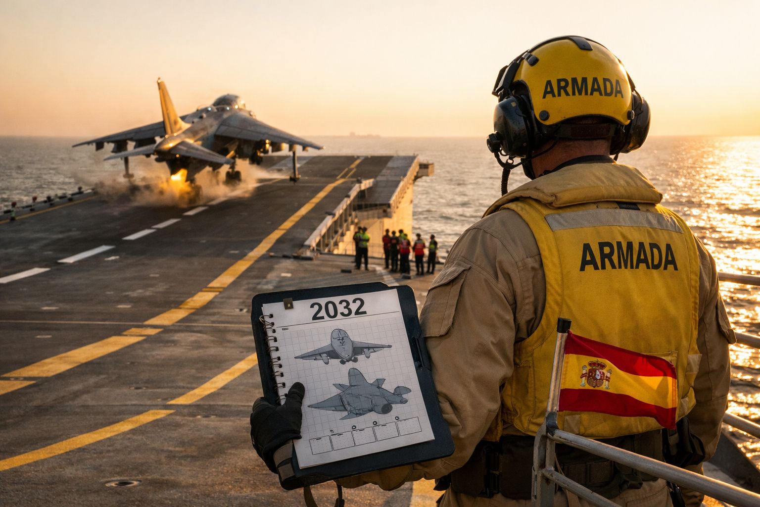 Membro da marinha espanhola com equipamento a observar avião a descolar de porta-aviões ao pôr do sol.