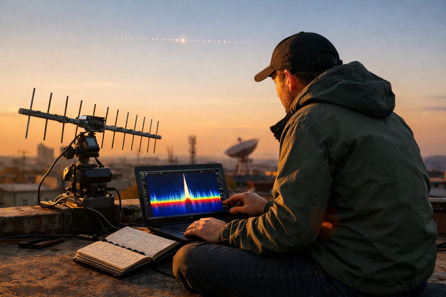Homem sentado ao ar livre ao pôr do sol, analisando sinais num computador portátil com equipamento de rádio ao lado.