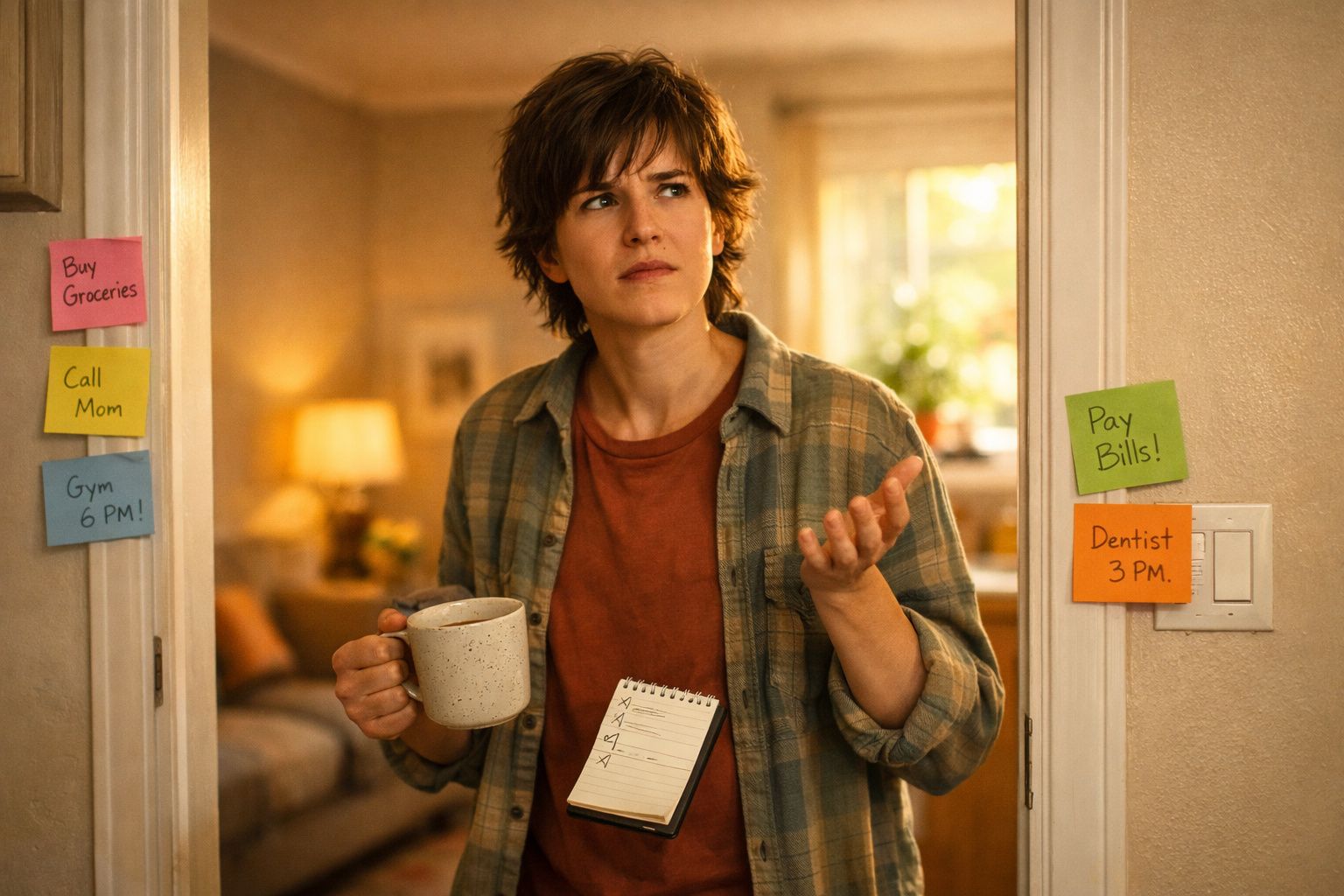 Pessoa com caneca e bloco de notas, rodeada de notas autocolantes com lembretes coladas na moldura da porta.