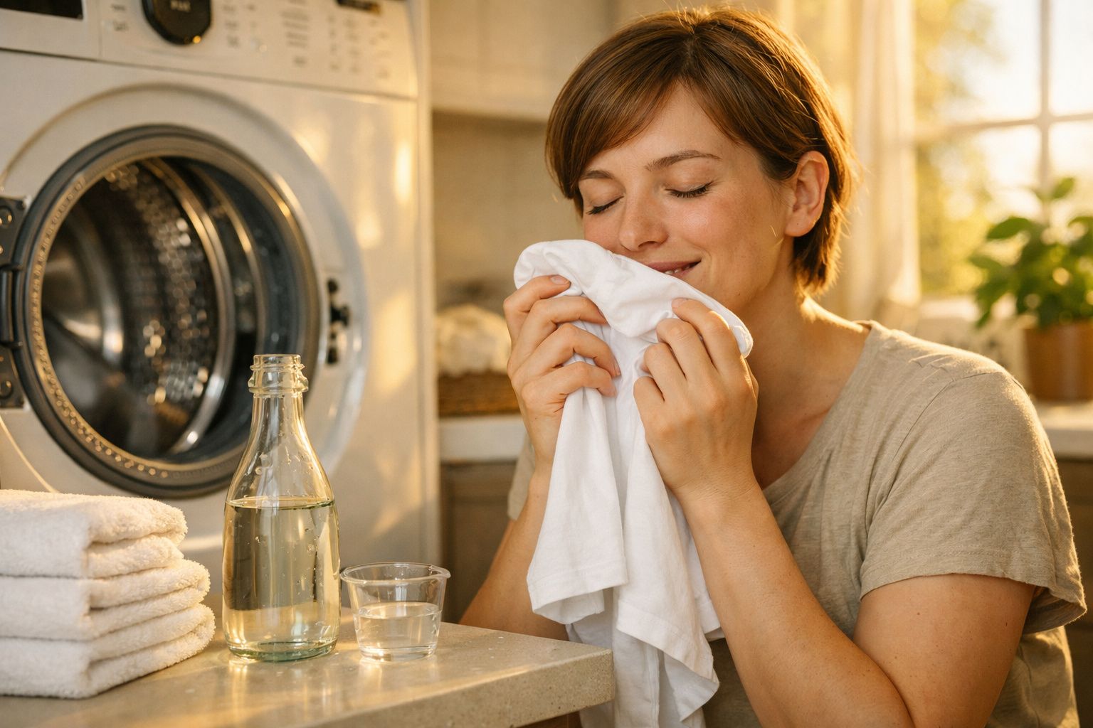 Mulher cheira roupa branca limpa, sentada perto de máquina de lavar, frascos com líquido e toalhas dobradas.