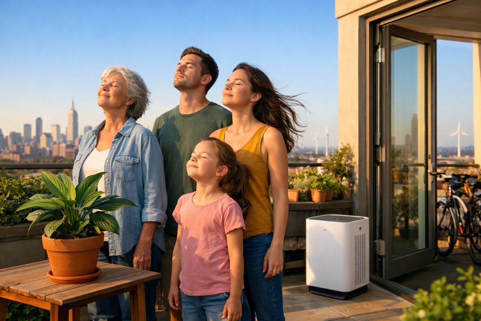 Quatro pessoas de idades diferentes estão num terraço de olhos fechados, a aproveitar o sol da manhã.