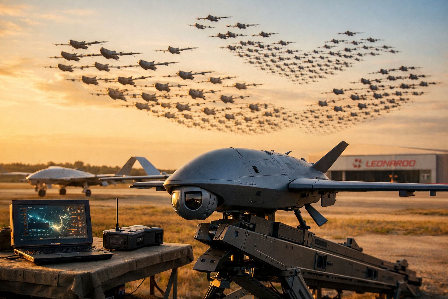 Drone militar próximo a computador e controlo remoto em pista de decolagem ao pôr do sol com formação de dezenas de aviões no