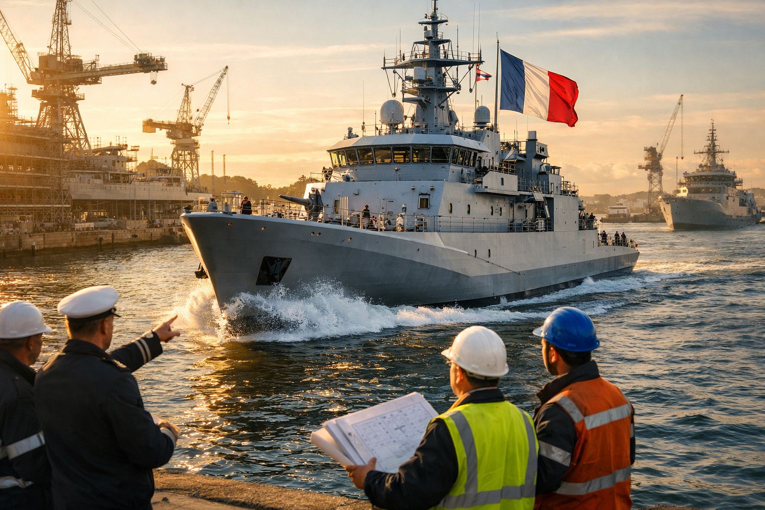 Navio militar francês a entrar no porto ao pôr do sol com trabalhadores e oficiais a observar na margem.