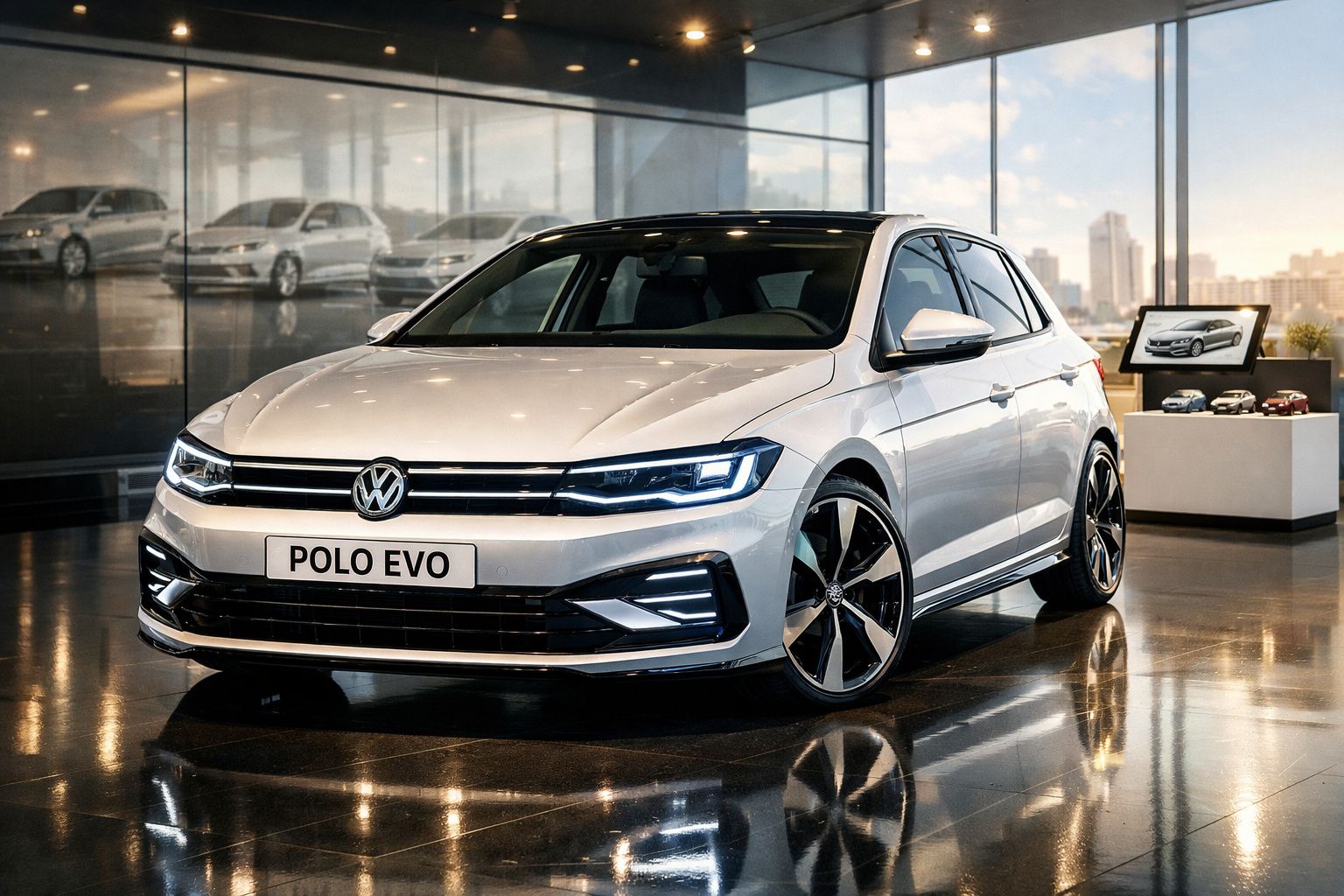 Volkswagen Polo Evo prateado numa sala de exposição, com jantes pretas e detalhes modernos.