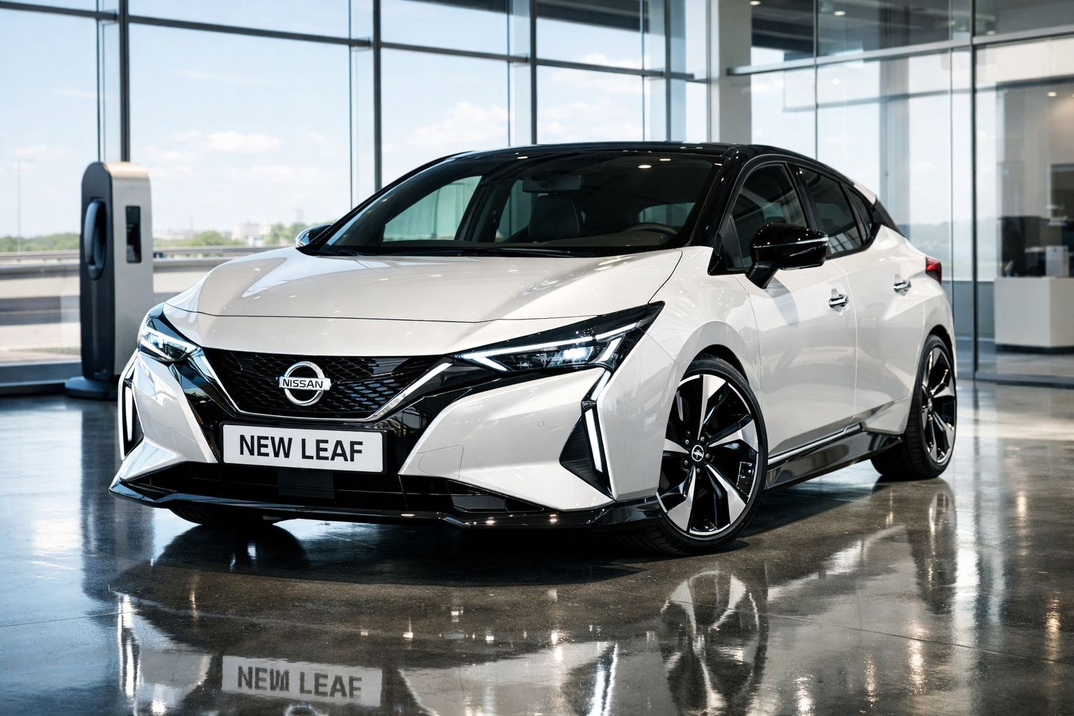 Carro elétrico Nissan New Leaf branco com tejadilho preto em showroom moderno e luminoso.