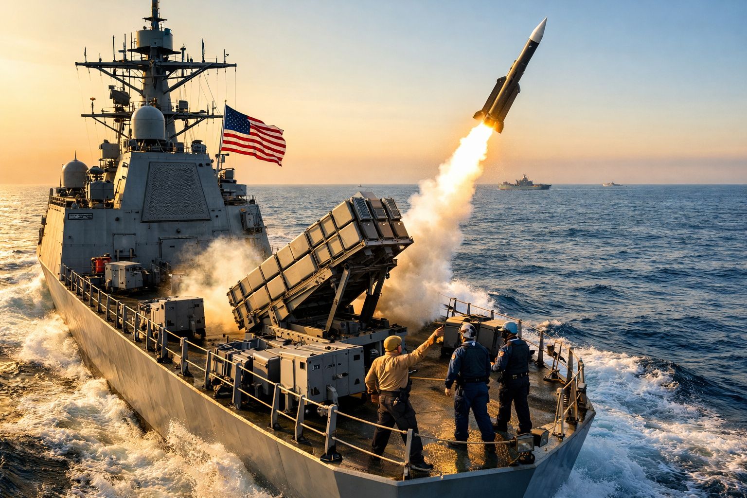 Navio de guerra americano lançando míssil no mar com tripulação a observar no convés ao pôr do sol.