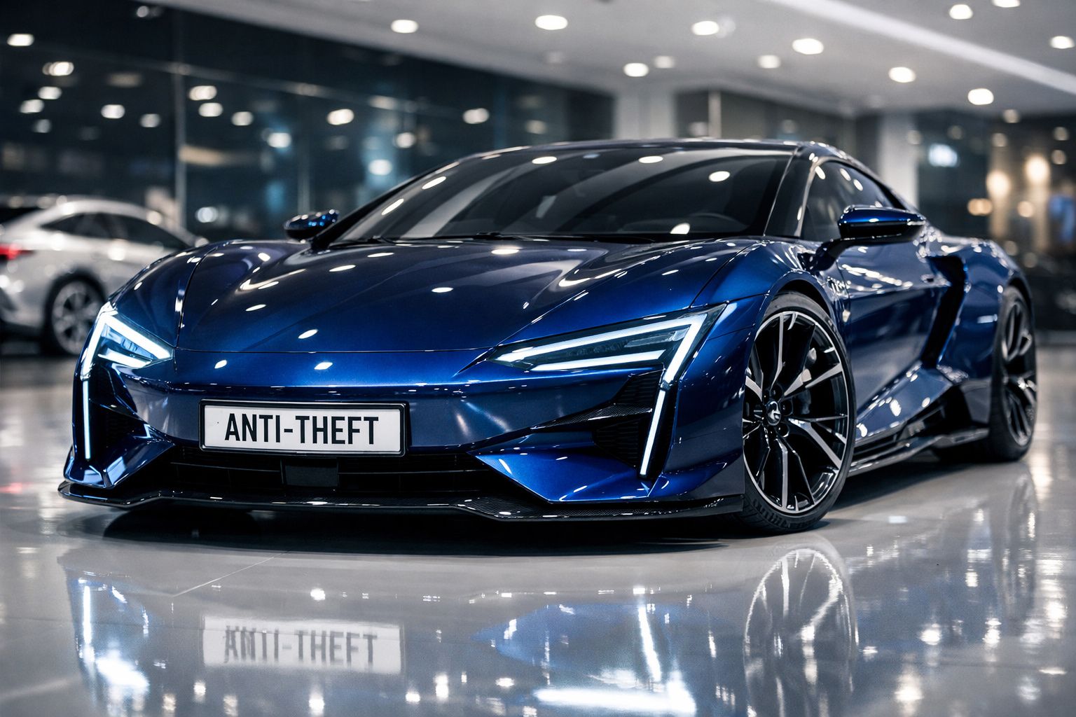 Carro desportivo azul metálico em showroom com faróis LED acesos e matrícula com texto "ANTI-THEFT".