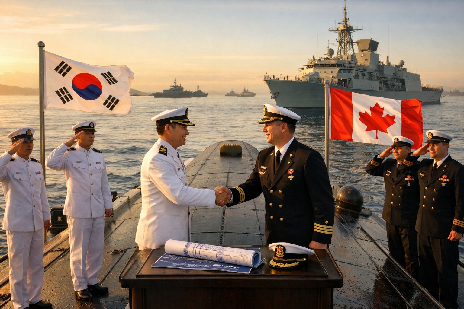 Oficiais navais da Coreia do Sul e do Canadá apertam as mãos num submarino, com bandeiras e navios ao fundo ao pôr do sol.