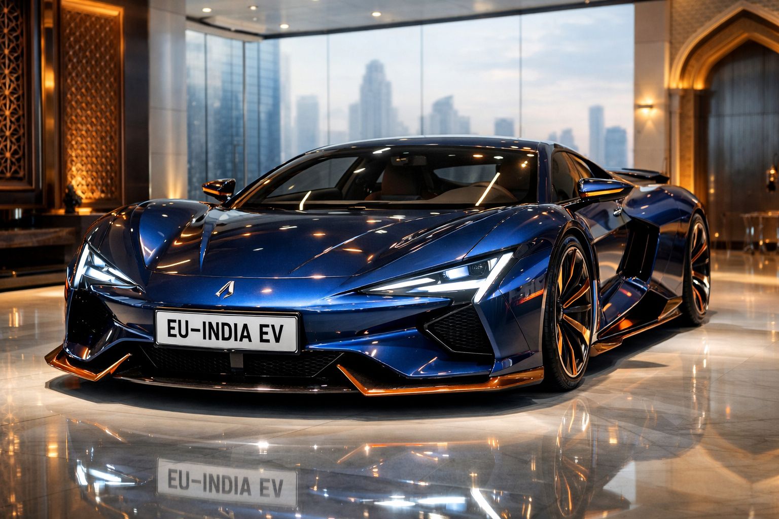 Carro desportivo elétrico azul brilhante com detalhes laranja, em ambiente sofisticado com edifícios ao fundo.