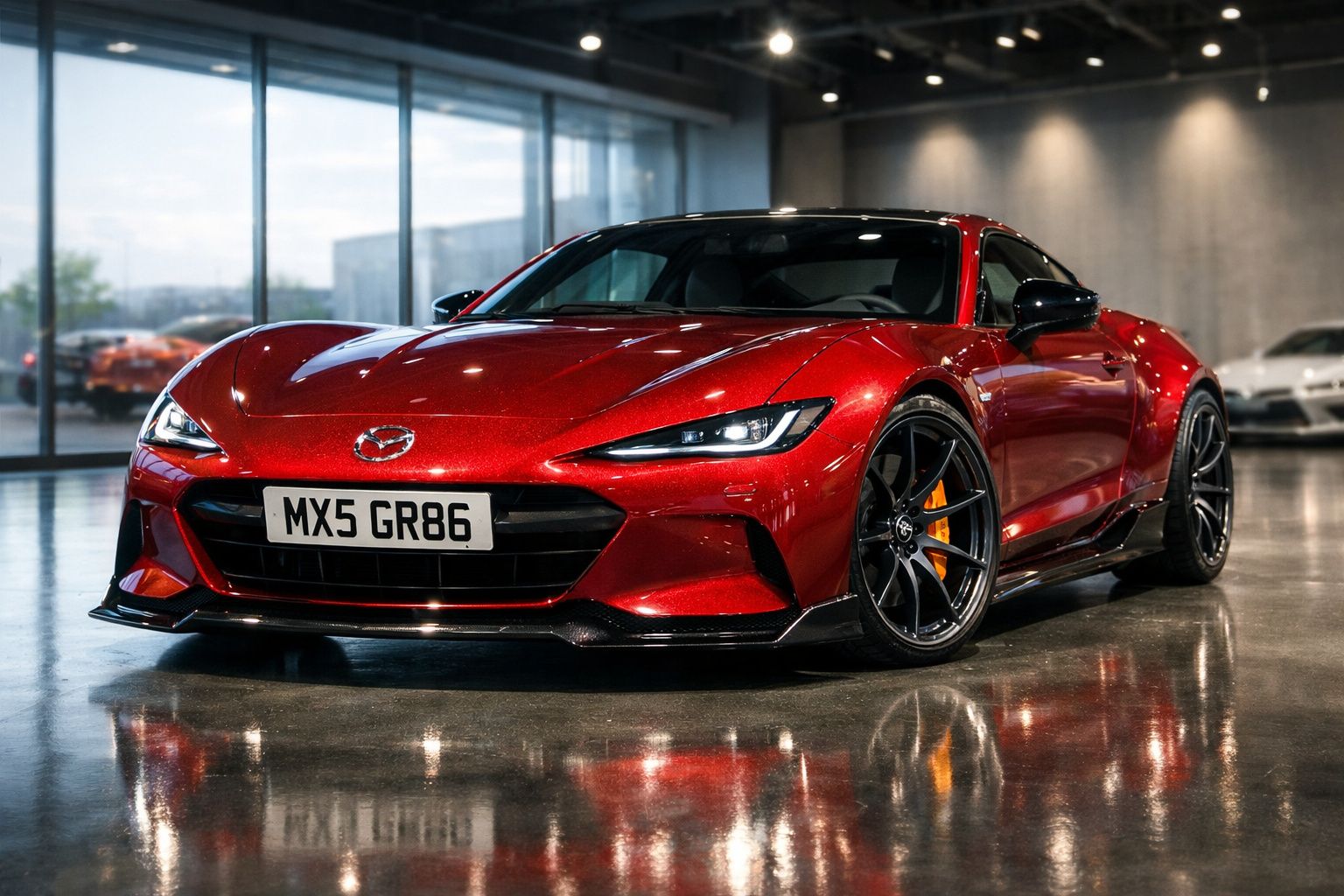 Carro desportivo vermelho brilhante estacionado em chão polido dentro de uma garagem moderna.