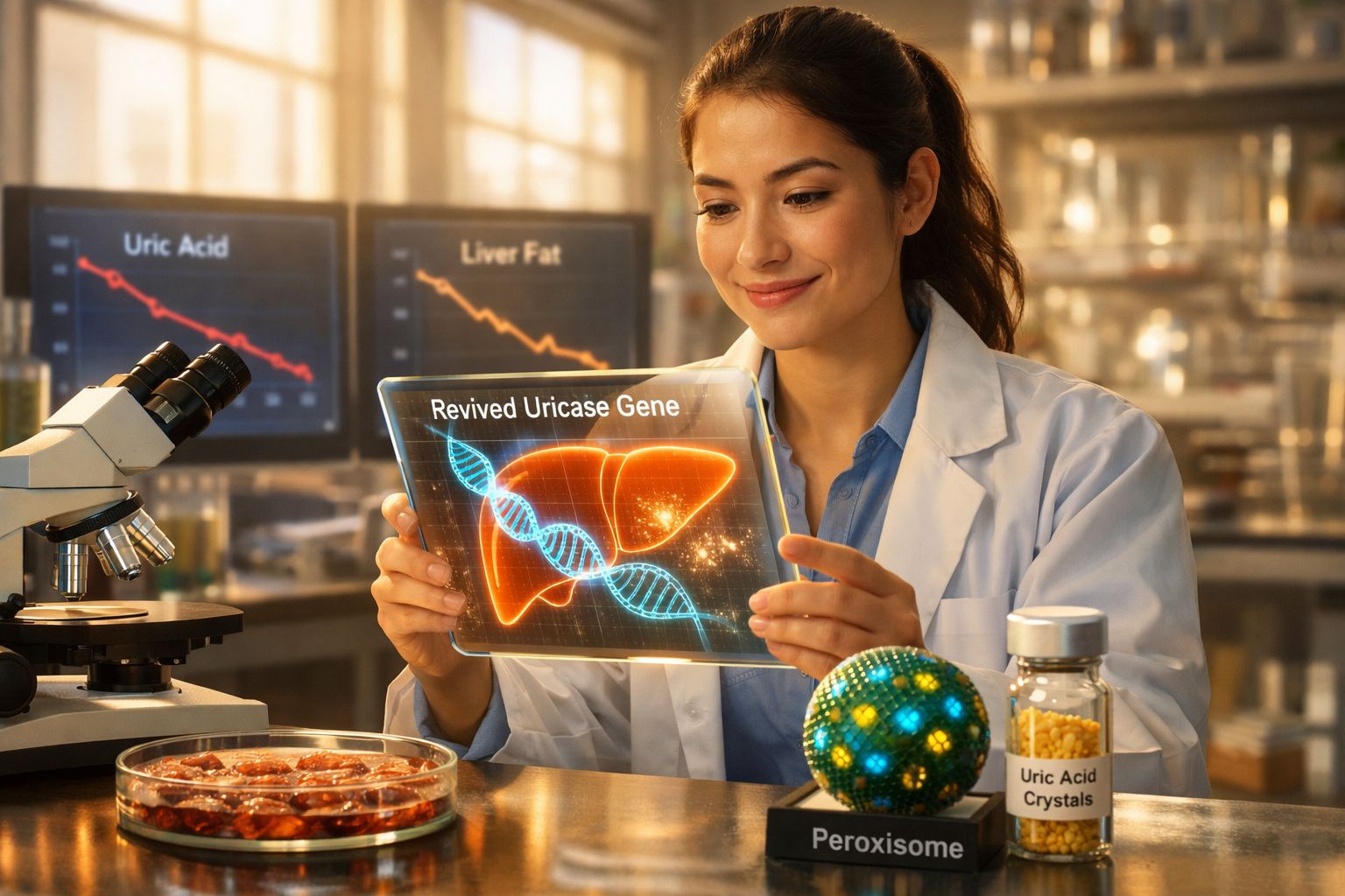 Cientista mulher analisa holograma de gene e fígado, com gráficos e laboratório ao fundo.