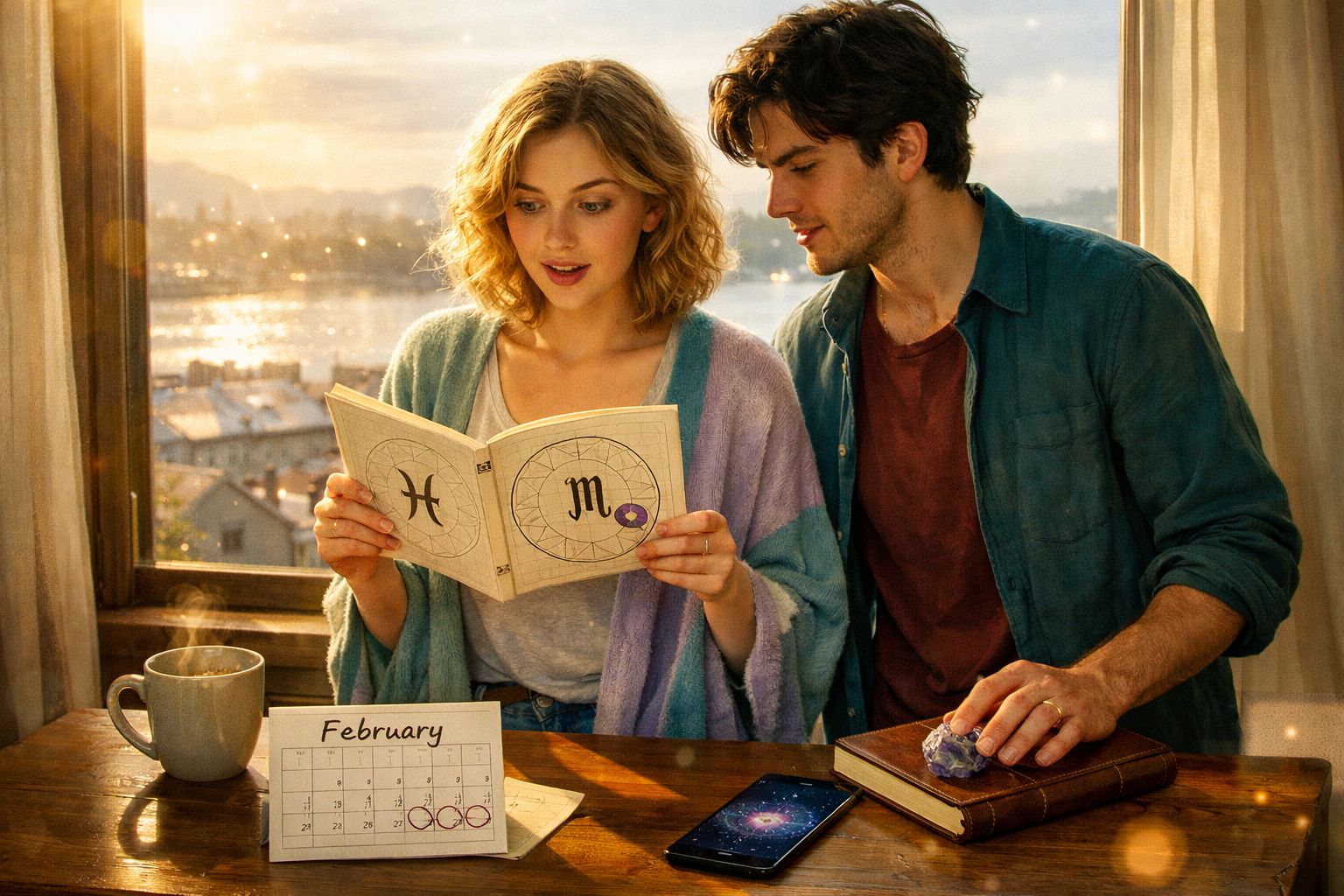 Jovem casal debruçado sobre livro de astrologia à mesa com calendário, pedra ametista e chá a fumegar.