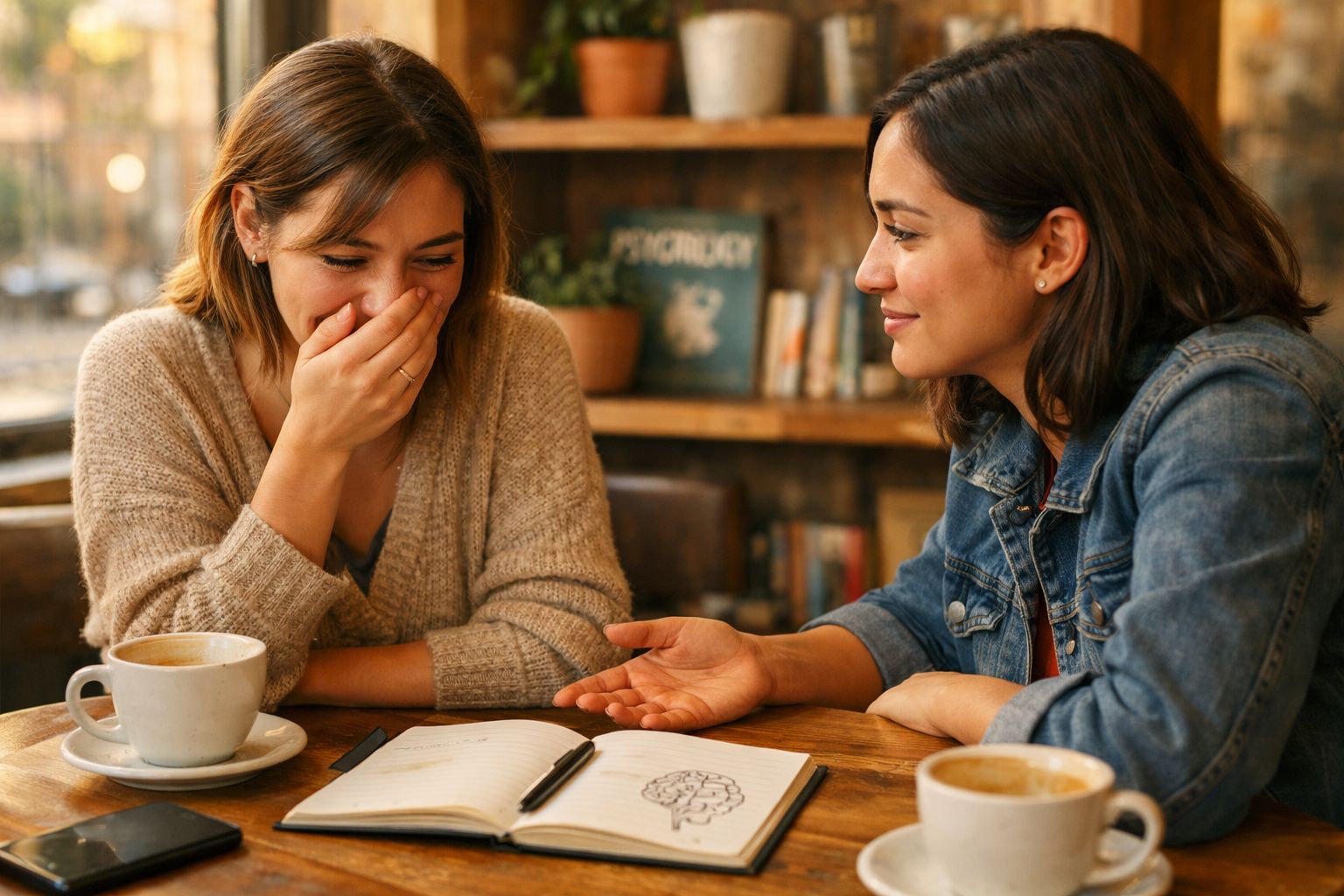 Duas mulheres sentadas numa mesa com café, uma ri e a outra fala entusiasticamente num ambiente acolhedor.