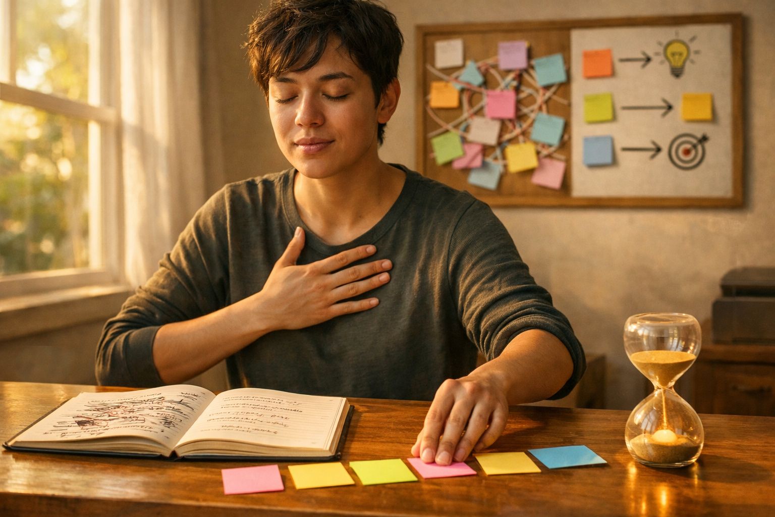 Pessoa sentada a organizar post-its numa mesa junto a um livro aberto e uma ampulheta, com olhos fechados.