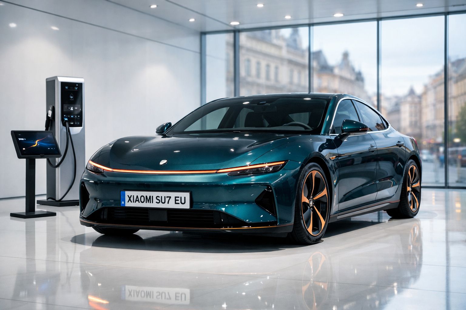 Carro elétrico azul Xiaomi SU7 EU estacionado junto a posto de carregamento num showroom moderno.