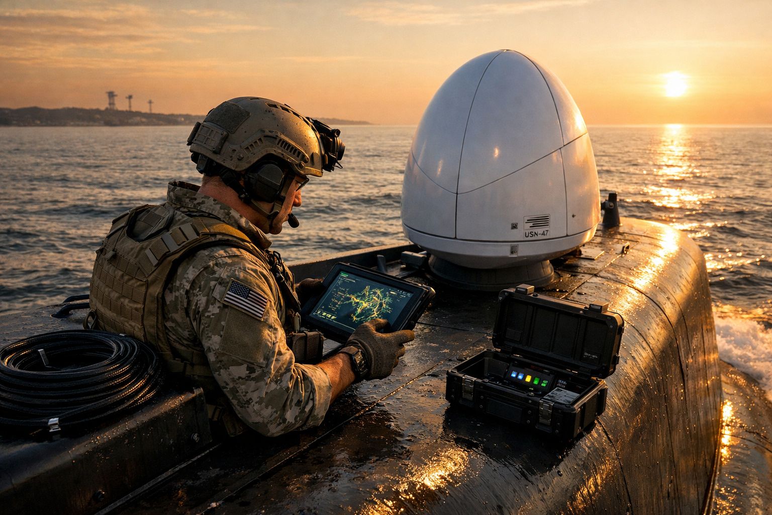 Soldado militar com equipamento tecnológico a operar tablet num barco ao pôr do sol no mar.