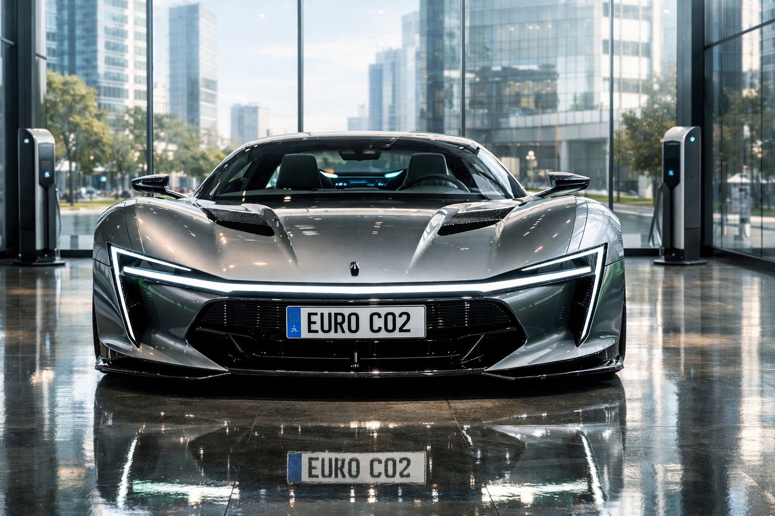 Carro desportivo elétrico cinzento com matrícula "EURO CO2" estacionado em showroom moderno com vidros.
