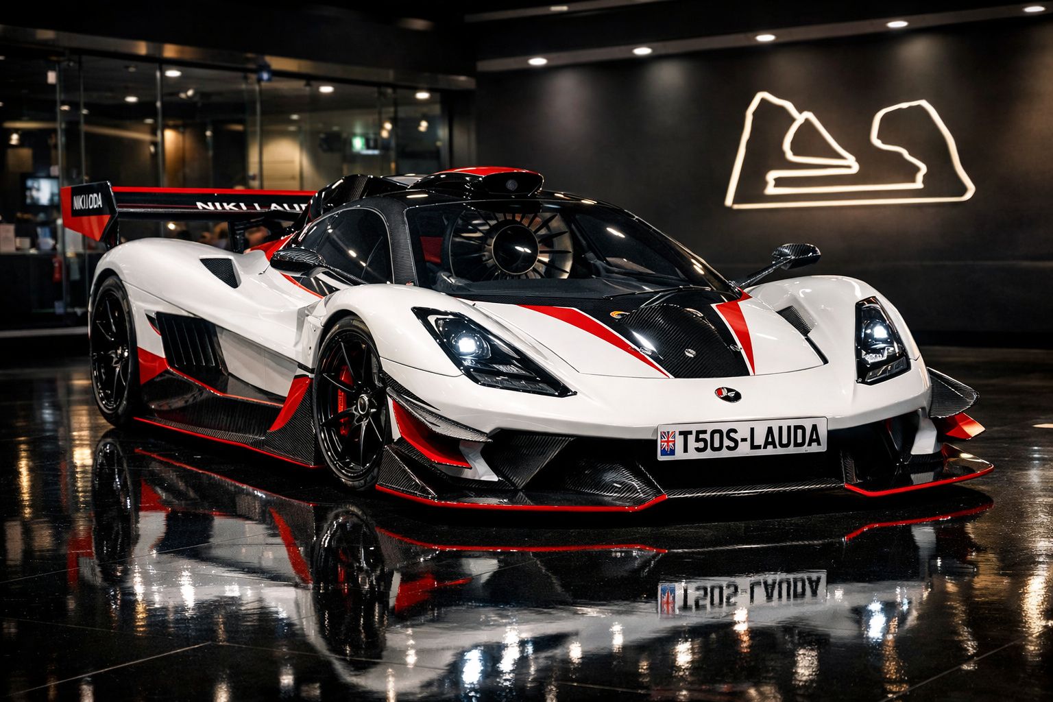 Carro de corrida branco com detalhes vermelhos e pretos, exposto em ambiente escuro com piso refletor.